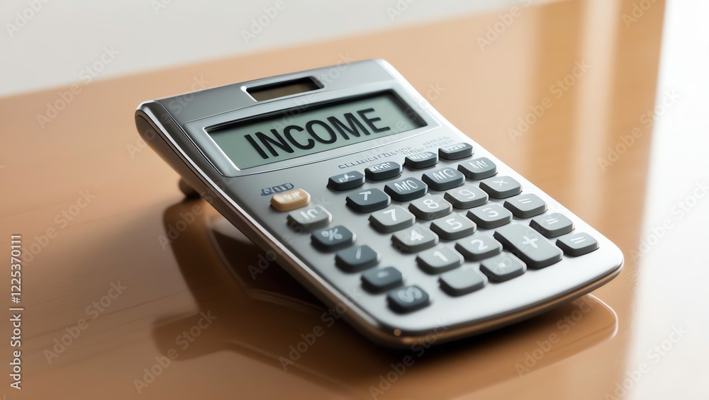 A close-up of a sleek calculator displaying the word 'INCOME' on its screen, set on a wooden desk surface, emphasizing financial calculations. A close-up of a sleek calculator displaying the word 'INCOME' on its screen, set on a wooden desk surface, emphasizing financial calculations.