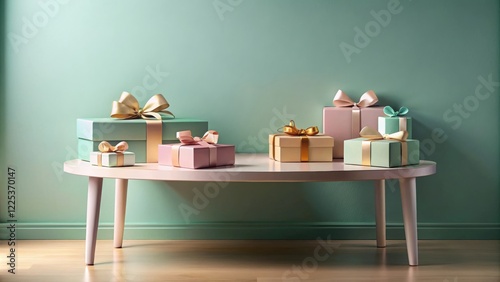 Pastel presents arranged on a coffee table against a mint green wall