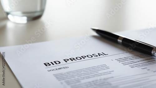 A close-up view of a bid proposal document with a black pen resting on it, showcasing a clean and professional workspace in an office environment. photo