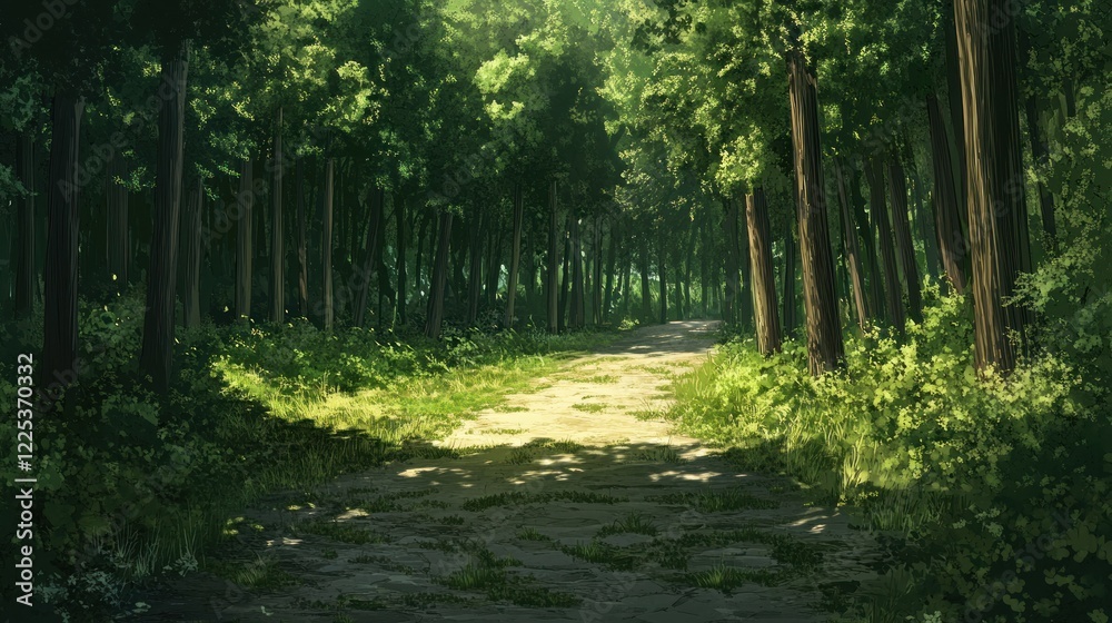 Obraz premium Sunlit Path Through Lush Green Forest Canopy