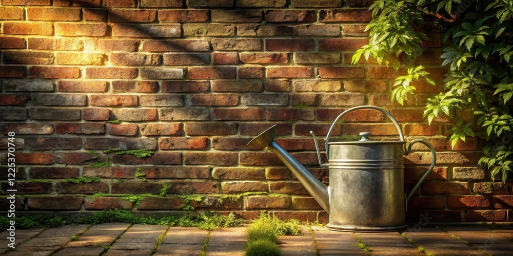 Rustic Watering Can Against Sunlit Brick Wall with Lush Greenery Rustic Watering Can Against Sunlit Brick Wall with Lush Greenery