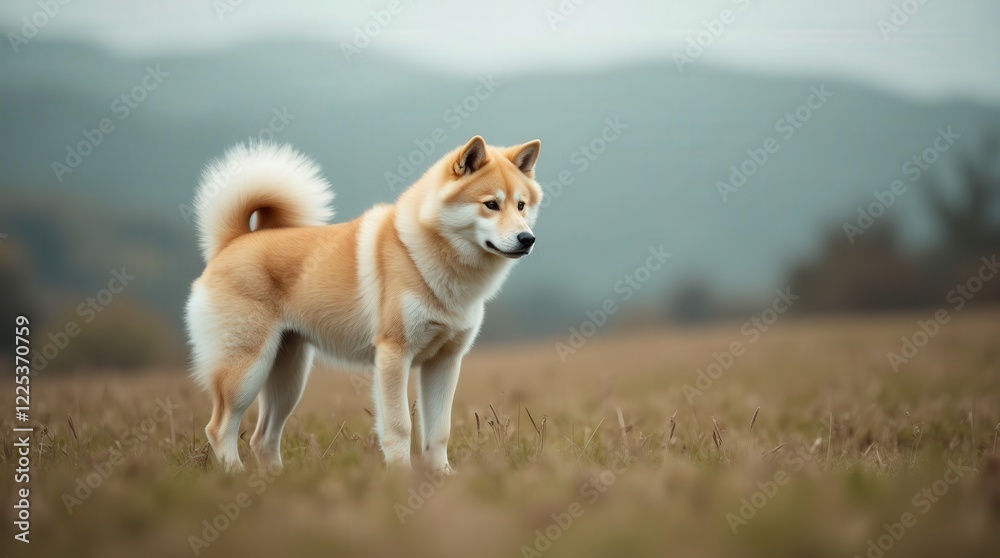Korean Jindo dog standing gracefully in a beautiful natural landscape Korean Jindo dog standing gracefully in a beautiful natural landscape