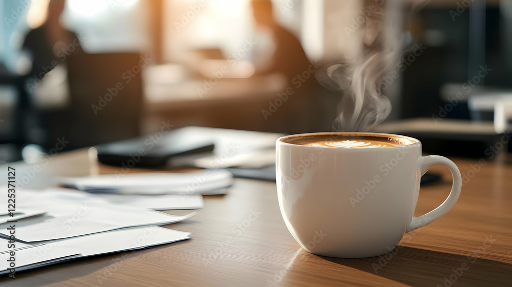 A steaming cup of coffee on a wooden table, surrounded by papers in a cozy office setting, perfect for inspiration. A steaming cup of coffee on a wooden table, surrounded by papers in a cozy office setting, perfect for inspiration.