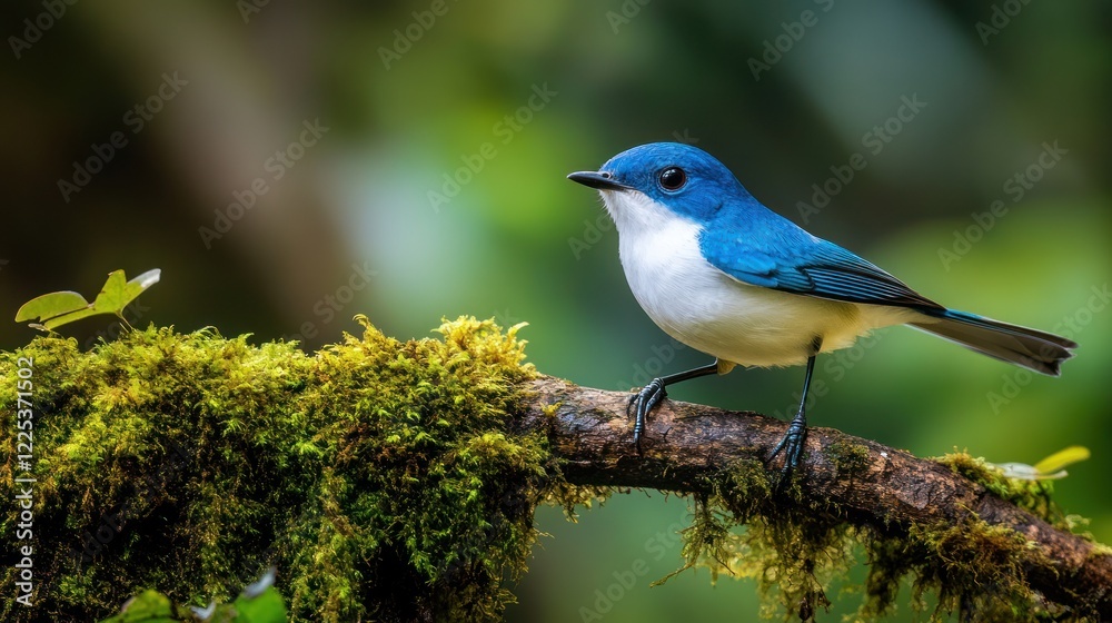 Stunning Blue Bird on Mossy Branch in Lush Green Forest Stunning Blue Bird on Mossy Branch in Lush Green Forest