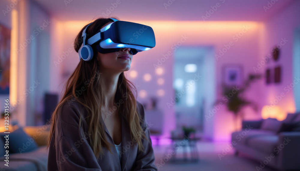 Woman Immersed in Virtual Reality at Home Woman Immersed in Virtual Reality at Home