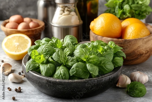 A heart-shaped arrangement of fresh mint leaves is perfectly centered on a white surface. The sharp focus and high contrast emphasize the vibrant green color and natural texture of the mint,  photo