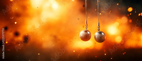 A striking image of pendulums swinging against a backdrop of fiery explosion, symbolizing energy and motion.