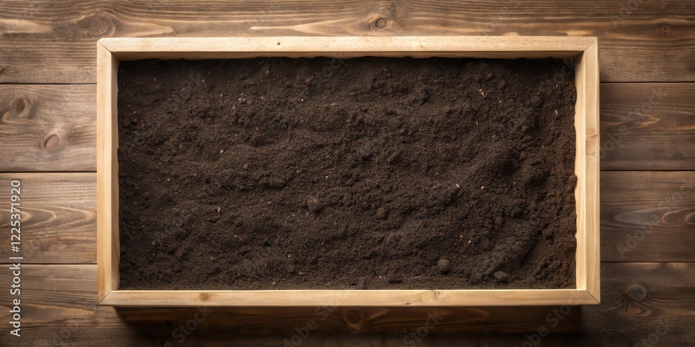 Fototapeta premium A wooden container filled with rich, dark brown soil, ready for planting seeds or seedlings.