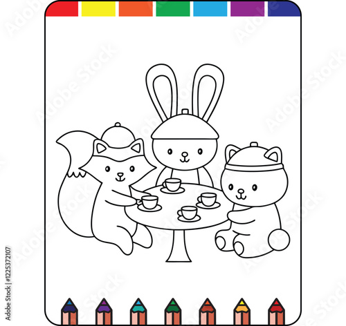 Charming Tea Party Coloring Pages for Kids, Kids Tea Time Coloring Pages, Tea Party Adventure Coloring Pages for Kids