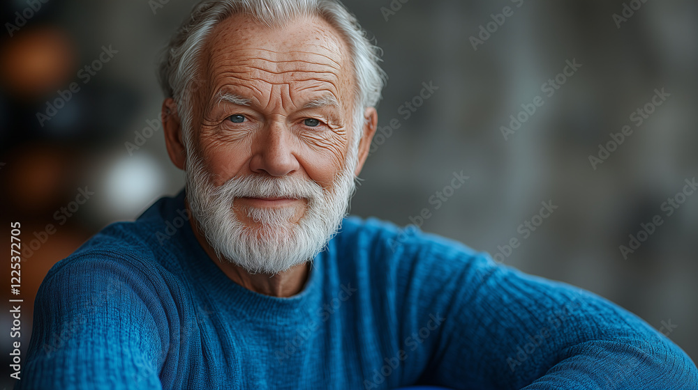 Portrait of a Smiling Elderly Man with Gray Hair and Beard in a Portrait of a Smiling Elderly Man with Gray Hair and Beard in a