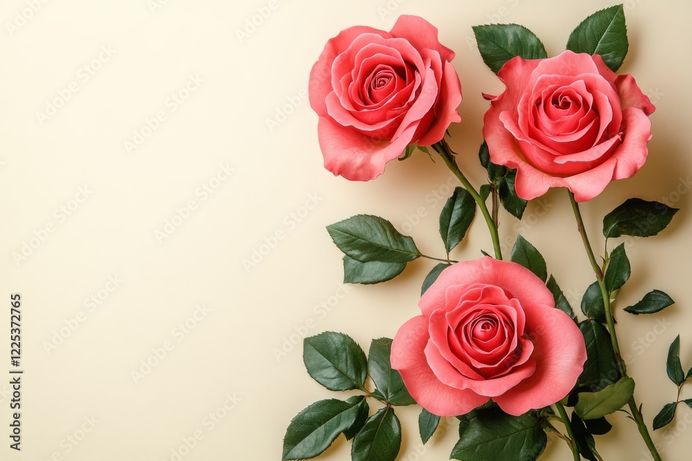 Three pink roses with green leaves forming a beautiful floral composition on a beige background Three pink roses with green leaves forming a beautiful floral composition on a beige background