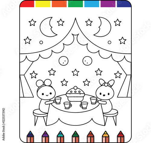 Charming Tea Party Coloring Pages for Kids, Kids Tea Time Coloring Pages, Tea Party Adventure Coloring Pages for Kids