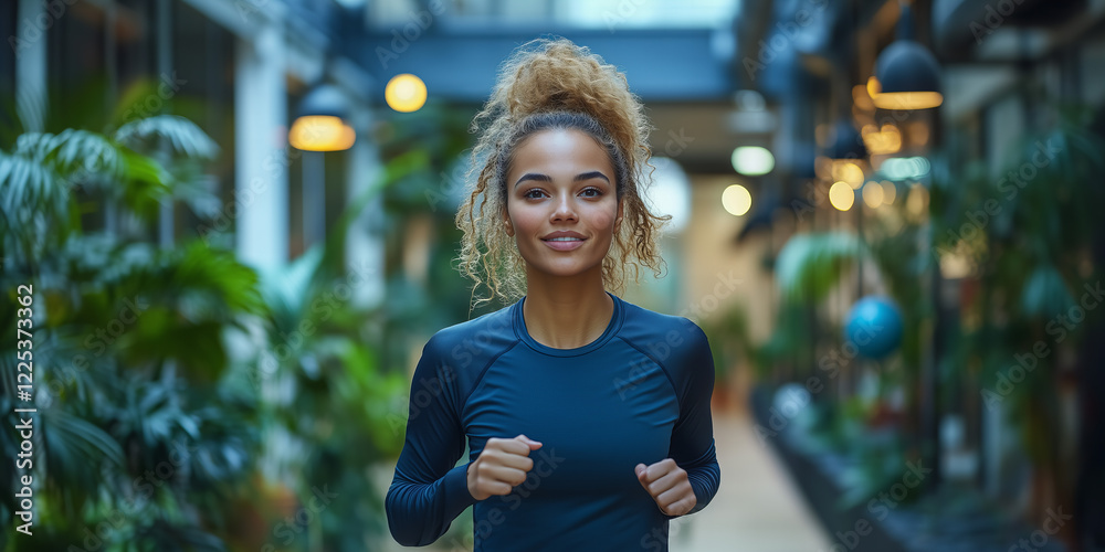 Smiling Woman in Blue Top Jogging in Urban Indoor Setting with L Smiling Woman in Blue Top Jogging in Urban Indoor Setting with L