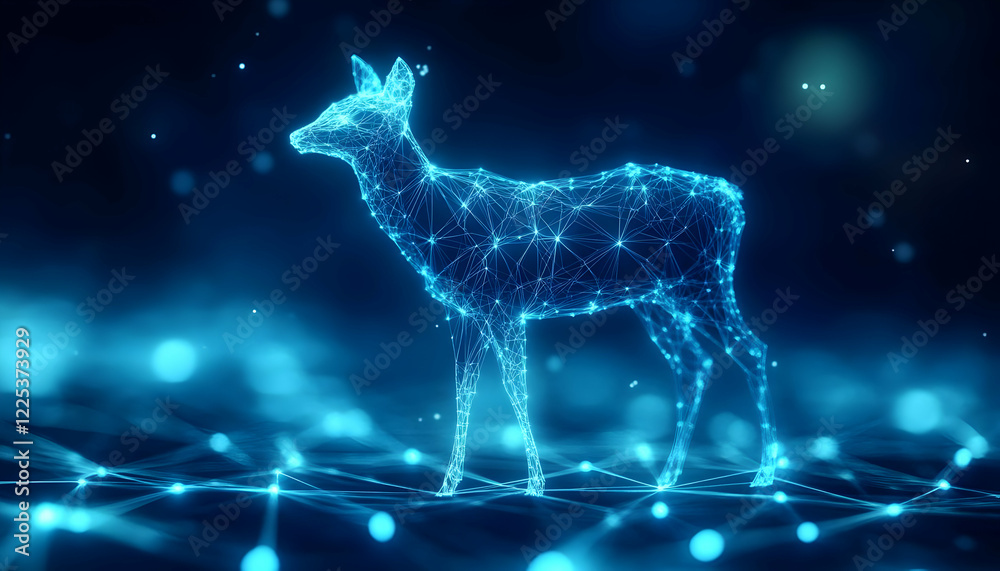 A stunning digital art piece featuring a glowing deer made of interconnected dots and lines against a dark backdrop. A stunning digital art piece featuring a glowing deer made of interconnected dots and lines against a dark backdrop.