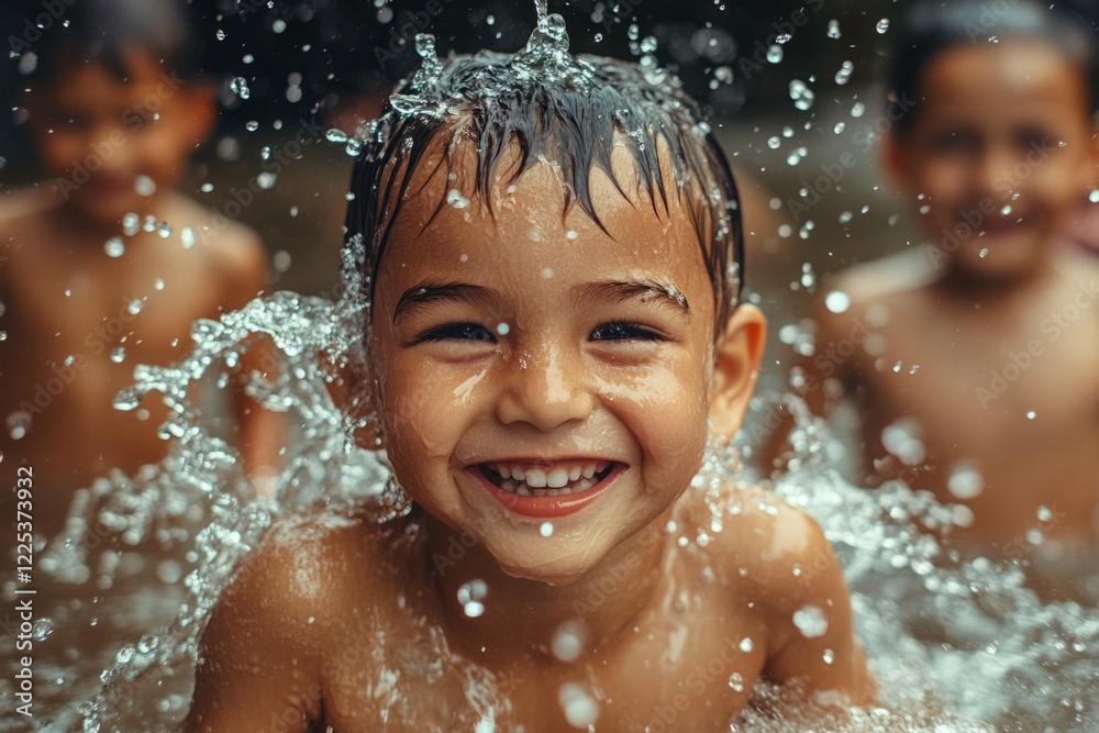 Obraz premium Portrait of a cheerful child enjoying and playing in the water
