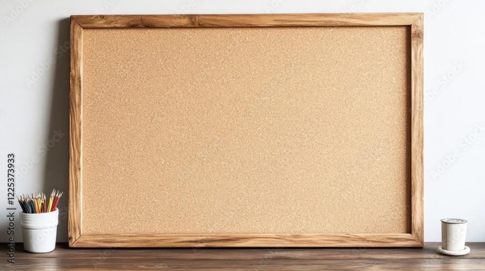 Fototapeta premium Wooden Framed Corkboard with Pencils and Container