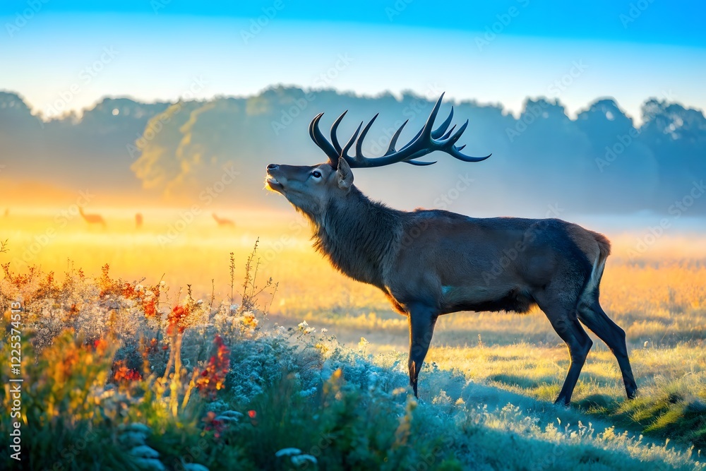 Fototapeta premium Side view of a majestic deer standing on a grassy field under golden sunlight.
