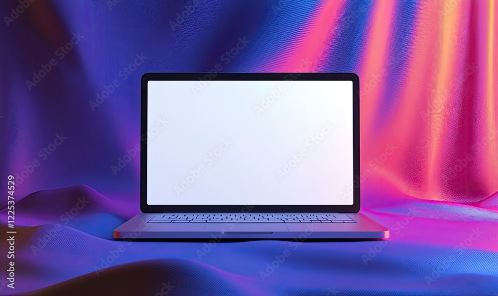 3D rendering of a modern laptop with a blank white screen on a blue and purple background, captured with a 24mm f/8 lens, 