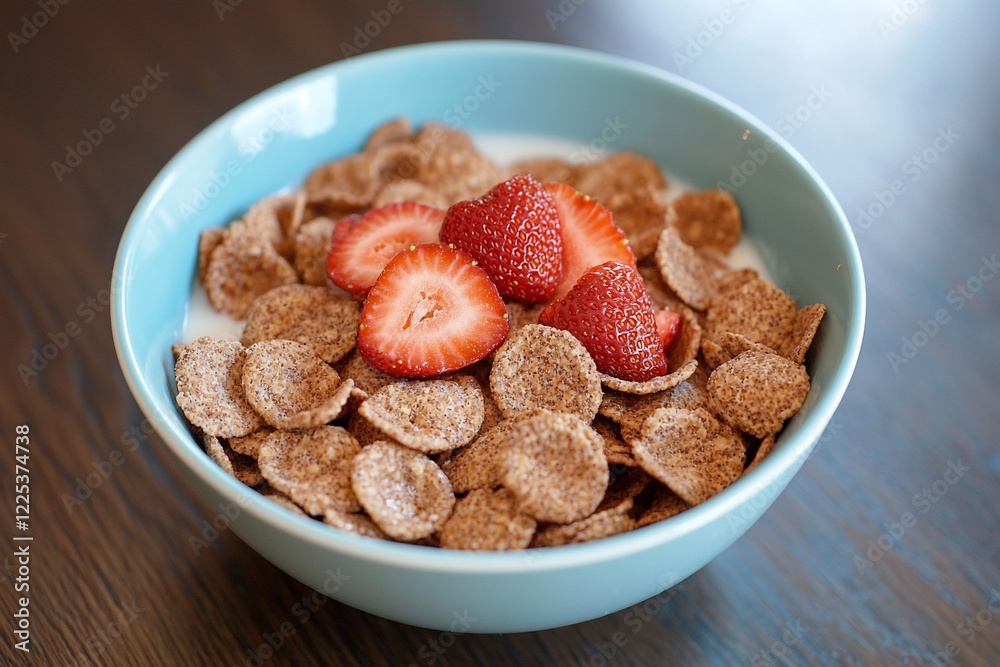 A bowl of chocolate cereal topped with fresh strawberries on a wooden table, perfect for breakfast A bowl of chocolate cereal topped with fresh strawberries on a wooden table, perfect for breakfast
