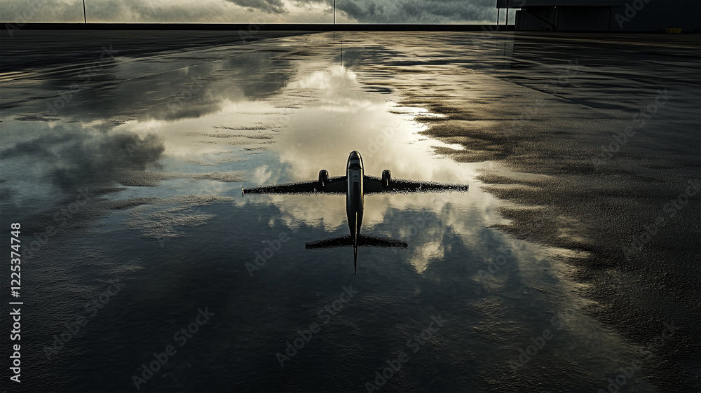 Naklejka premium 雨上がりの滑走路に映る飛行機のシルエットが織り成す美しい風景