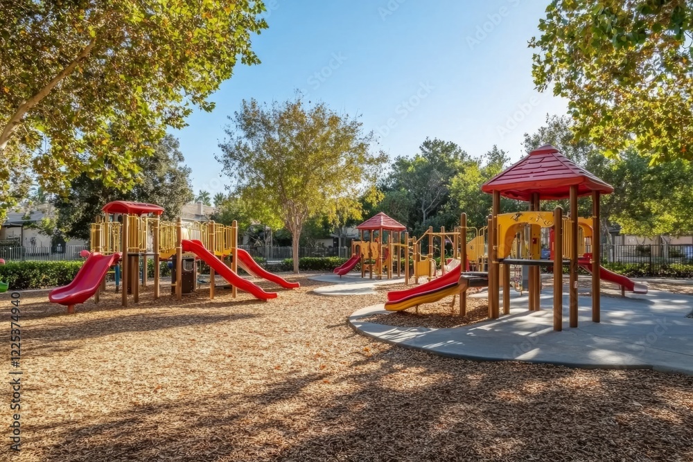 Sunny playground with slides and climbing frames surrounded by trees Sunny playground with slides and climbing frames surrounded by trees