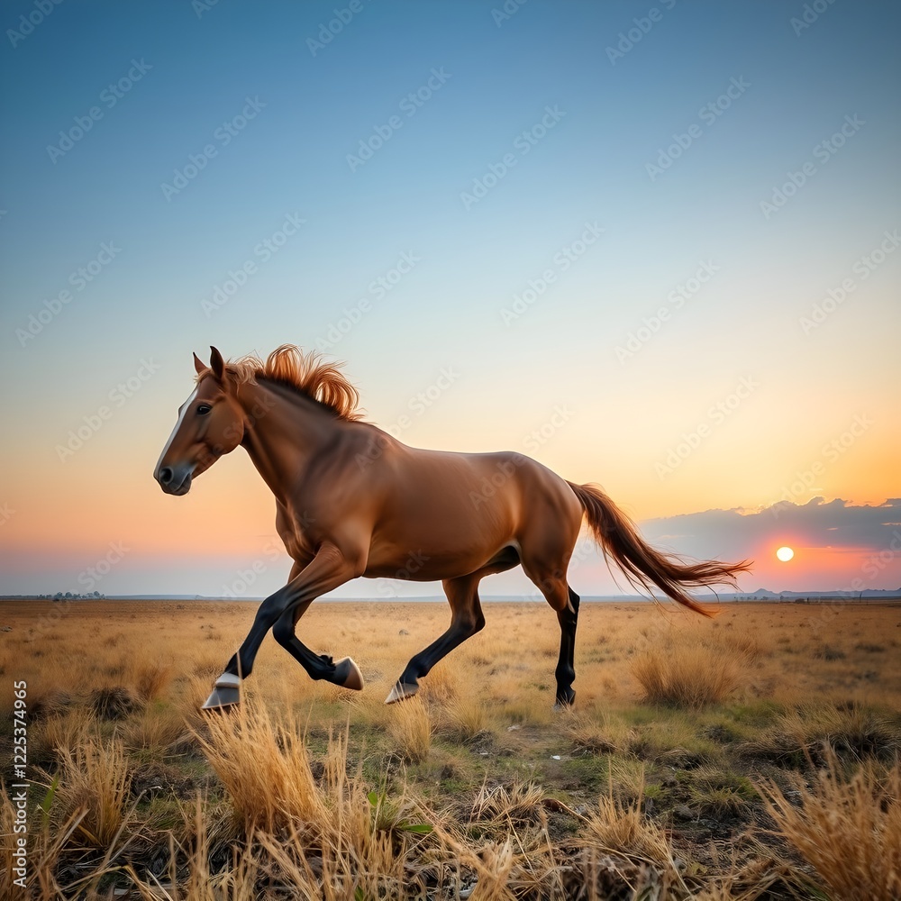 A wild horse galloping through an open prairie, its mane flowing in the wind as the sun sets in the distance. A wild horse galloping through an open prairie, its mane flowing in the wind as the sun sets in the distance.