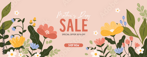 Mother's day sale poster or banner with beautiful flowers, abstract floral banner