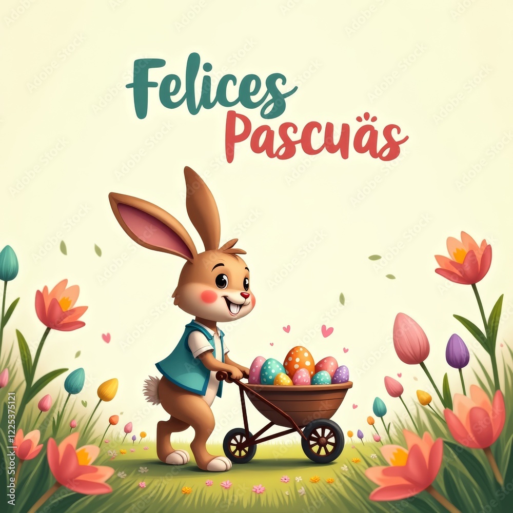 Easter bunny with eggs. Cheerful cartoon bunny in a teal vest pushing a wheelbarrow of colorful Easter eggs, surrounded by tulips, with