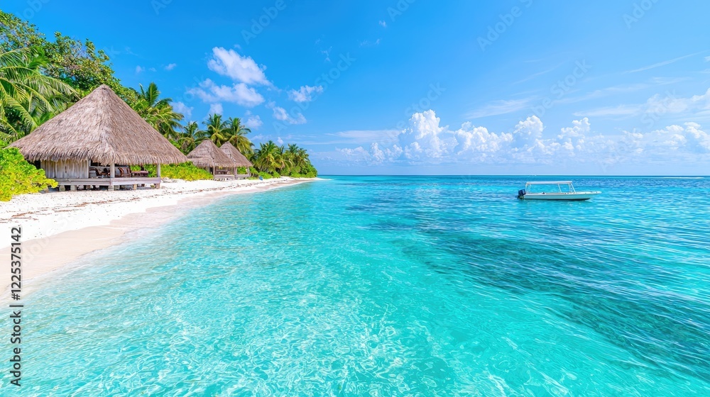 Fototapeta premium Tropical beach bungalows, turquoise water, boat, sunny day, travel postcard