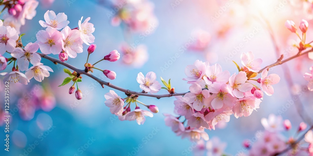 Softly blooming cherry blossoms in a gradient of light pink and blue hues against a serene spring morning sky , flower Softly blooming cherry blossoms in a gradient of light pink and blue hues against a serene spring morning sky , flower