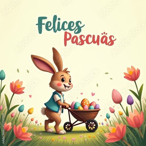 Obraz na płótnie Easter bunny with eggs. Cheerful cartoon bunny in a teal vest pushing a wheelbarrow of colorful Easter eggs, surrounded by tulips, with
