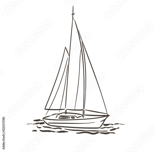 Sailing boat yacht isolated drawing in doodle line art style. Vector illustration of sea boat in ink sketch style for Yacht club placards, posters and other decoration.