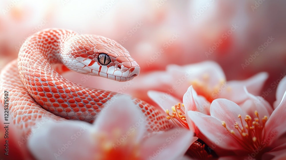 Fototapeta premium A Vibrant Coral Snake Elegantly Coiled Amidst Delicate, Blushing Blossoms. The Image Evokes A Serene, Almost Mystical Atmosphere.