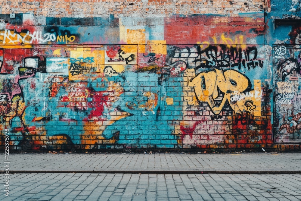Fototapeta premium Vibrant graffiti art adorns a brick wall, showcasing urban creativity and expression
