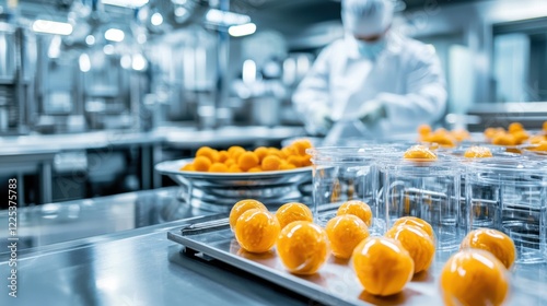 Professional chef preparing fresh orange slices on stainless steel kitchen counter in commercial restaurant photo