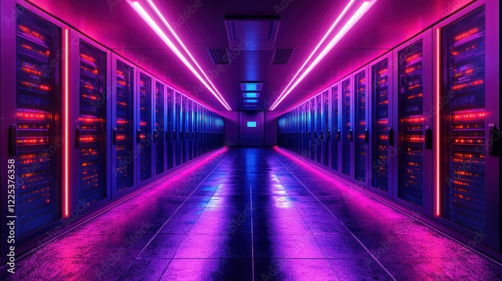 Fototapeta premium Neon-Lit Server Room: A Digital Heartbeat