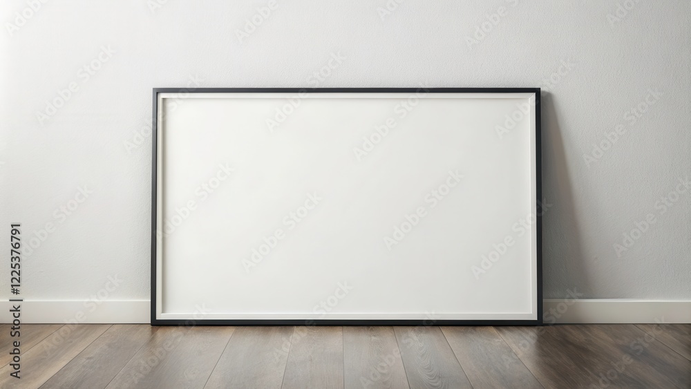 Large blank canvas in a simple black frame against a white wall and dark wood floor Large blank canvas in a simple black frame against a white wall and dark wood floor