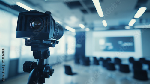Television Cameras Newsroom Scene with Soft Natural Light and Minimalist Setup, Ideal for Editorial Use