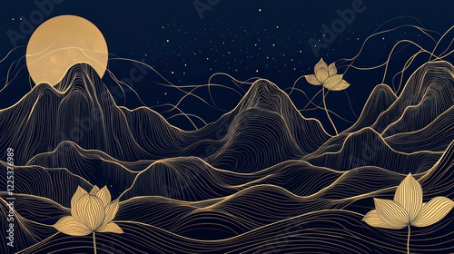 A golden line drawing of mountains and the moon on dark blue background, with lotus flowers in light gold.