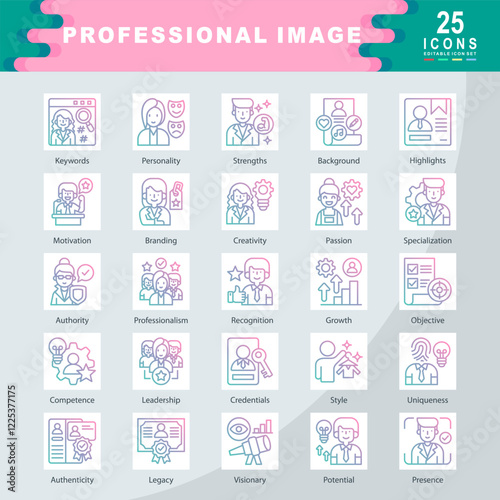 Professional Image icon set containing Keywords, Personality, Strengths, Background, Highlights, Motivation, Branding, Creativity, Passion, Specialization, Authority icon. Simple gradianvector