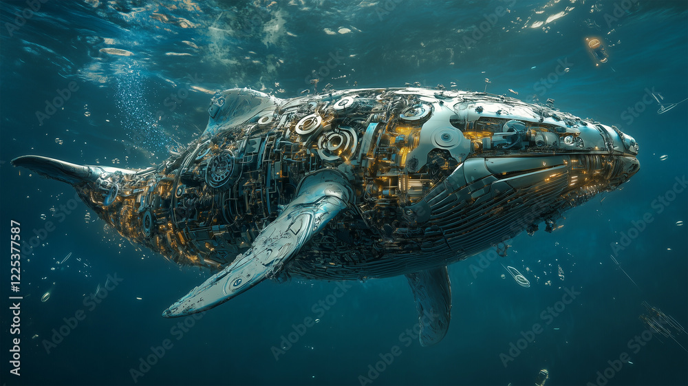 Fototapeta premium 水中で機械と生物が融合したクジラが象徴するバイオメカニクスの未来像
