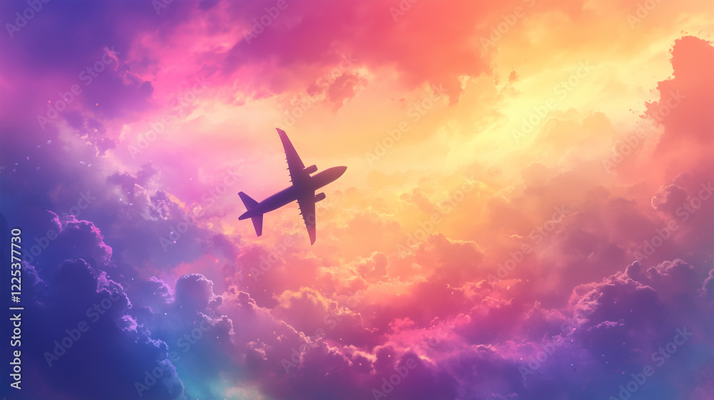 Naklejka premium レインボーグラデーションの雲を背に飛ぶ飛行機のシルエット