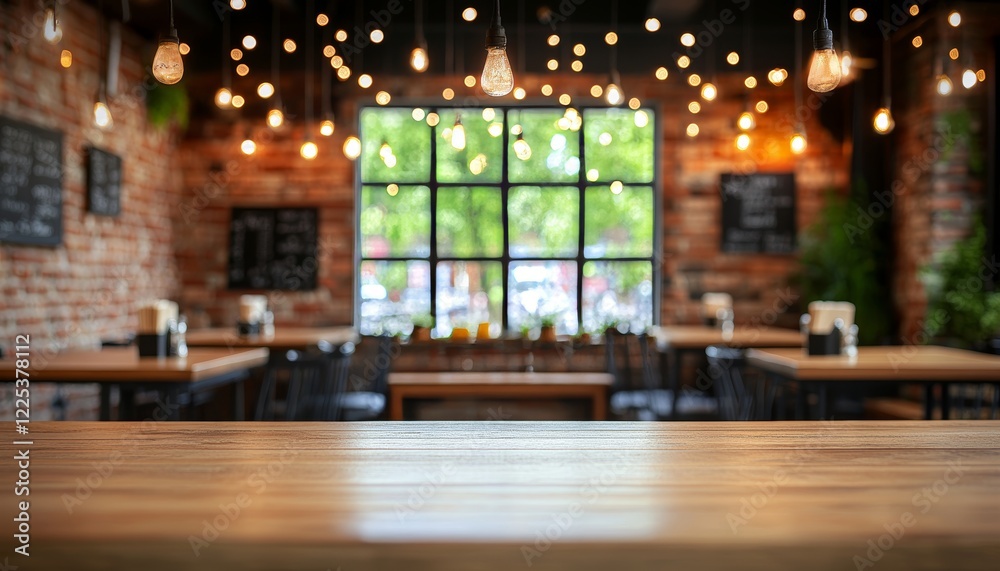 Empty Rustic Cafe Interior With Wooden Tables, Warm Lighting, Window View, Copy Space Empty Rustic Cafe Interior With Wooden Tables, Warm Lighting, Window View, Copy Space