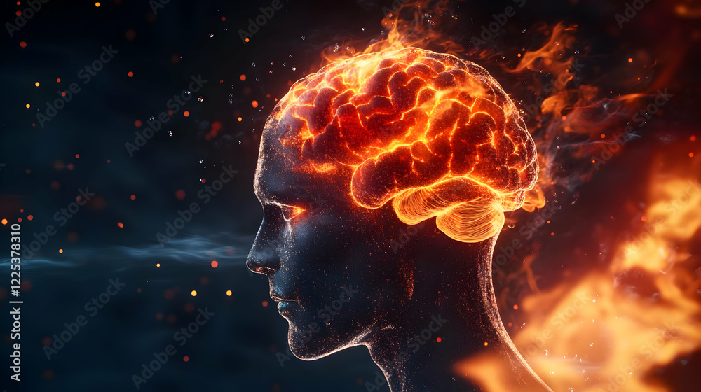 A surreal depiction of a fiery brain representing intense thoughts and emotions in a captivating design. A surreal depiction of a fiery brain representing intense thoughts and emotions in a captivating design.