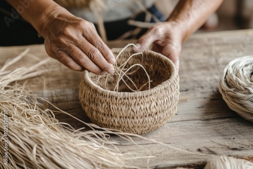  A rustic basket made of natural fibers sits on a wooden table, surrounded by strands of wicker. The hands of the artisan are seen weaving the final touches photo