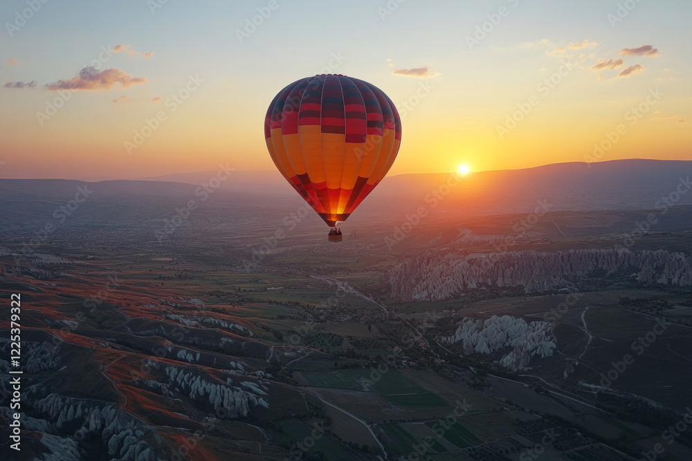 Hot air balloon gliding over scenic landscape at dawn Hot air balloon gliding over scenic landscape at dawn