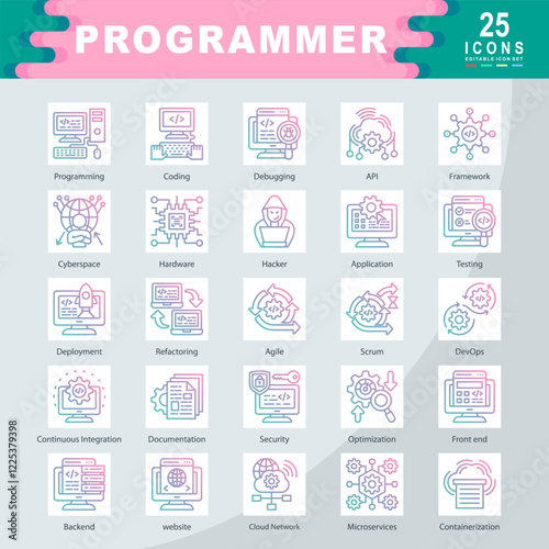Programmer icon set containing Programming, Coding, Debugging, API, Framework, Cyberspace, Hardware, Hacker, Application, Testing icon. Simple gradian vector