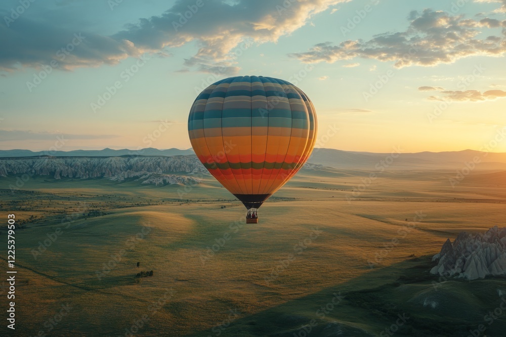 Obraz premium Colorful hot air balloon floating above expansive green fields at sunset