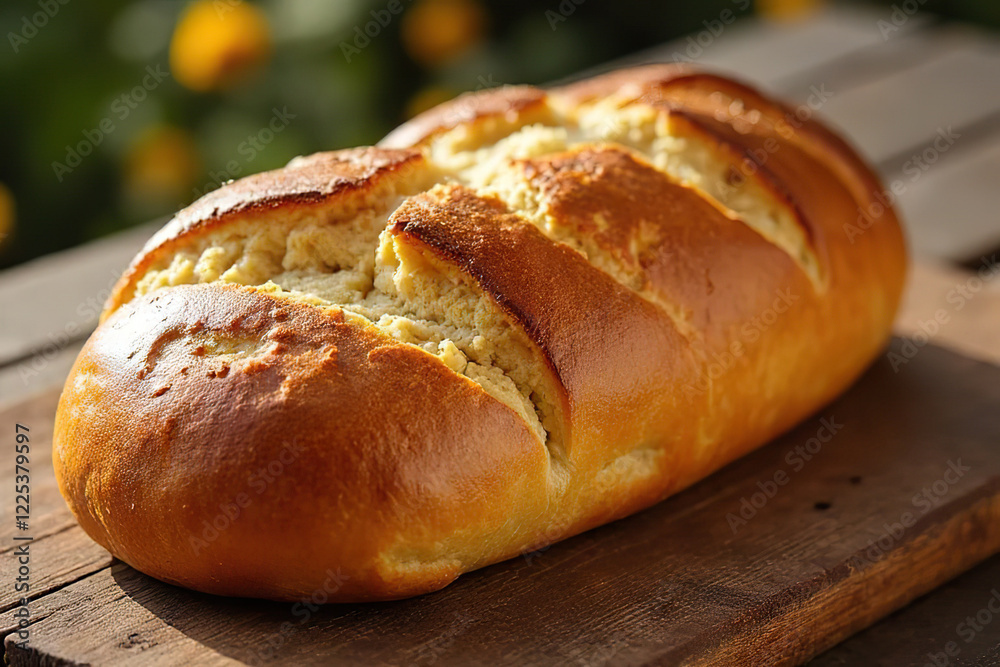 Golden loaf of freshly baked bread with soft crust and slashes on top, placed on wooden surface outdoors Golden loaf of freshly baked bread with soft crust and slashes on top, placed on wooden surface outdoors