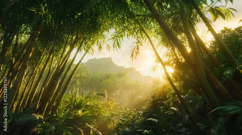 Naklejka premium Golden Sunlight Filtering Through Lush Bamboo Forest